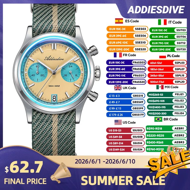 

ADDIESDIVE NEW AD2095 Men's Watches VK64 Movement Quartz Wristwatch Waterproof 100m Chronograph AR Coating 38mm Luxury Watch Man