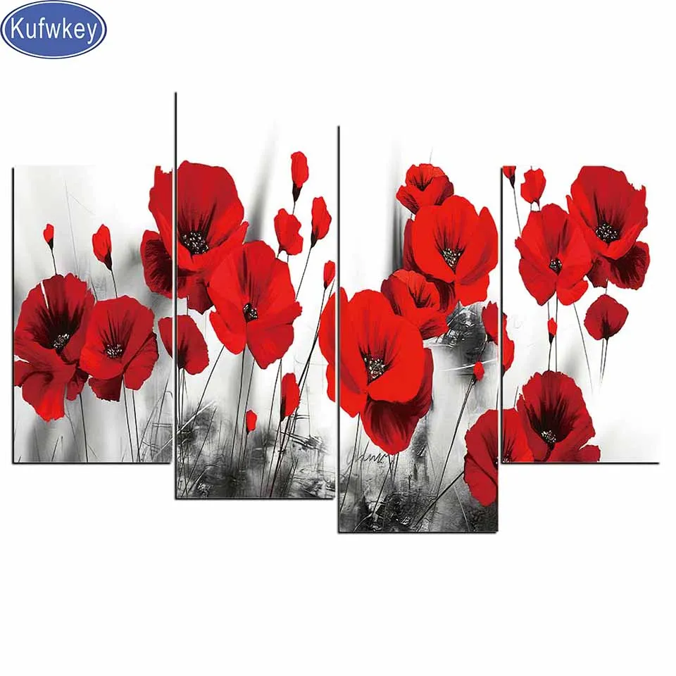 Poppy Diamond Painting Tender And Beautiful Flower Full Resin Mosaic Diamond Embroidery Picture Rhinestone Home Decor 4 Pieces