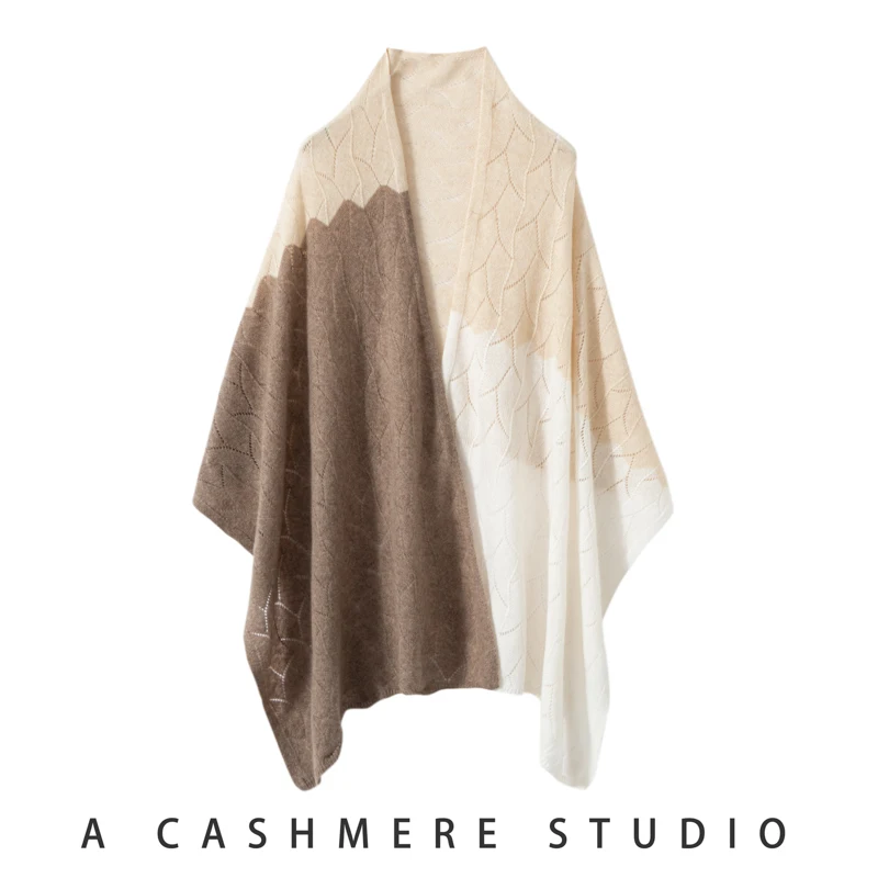 

Autumn and winter cashmere scarf, women's 100% cashmere neck protection warm scarf, knitted hollow contrasting shawl