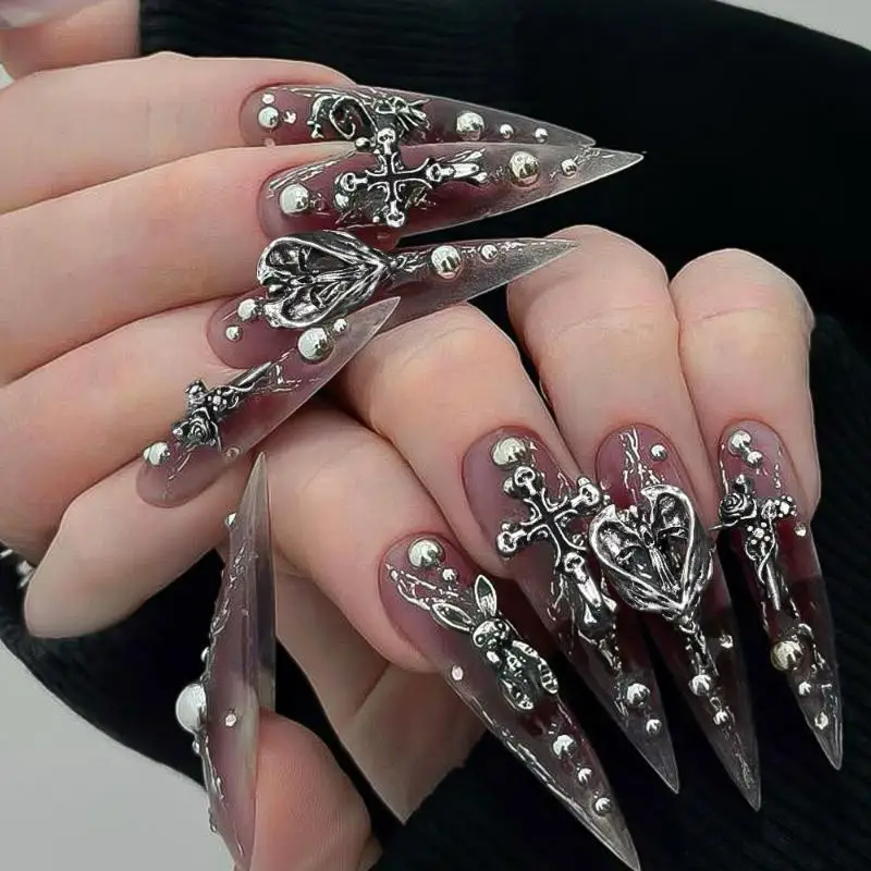 12Grid Vintage Cross Nail Art Charms Y2k Metal Style Alloy Cross Skeleton Angel Nail Decorations Accessories^..