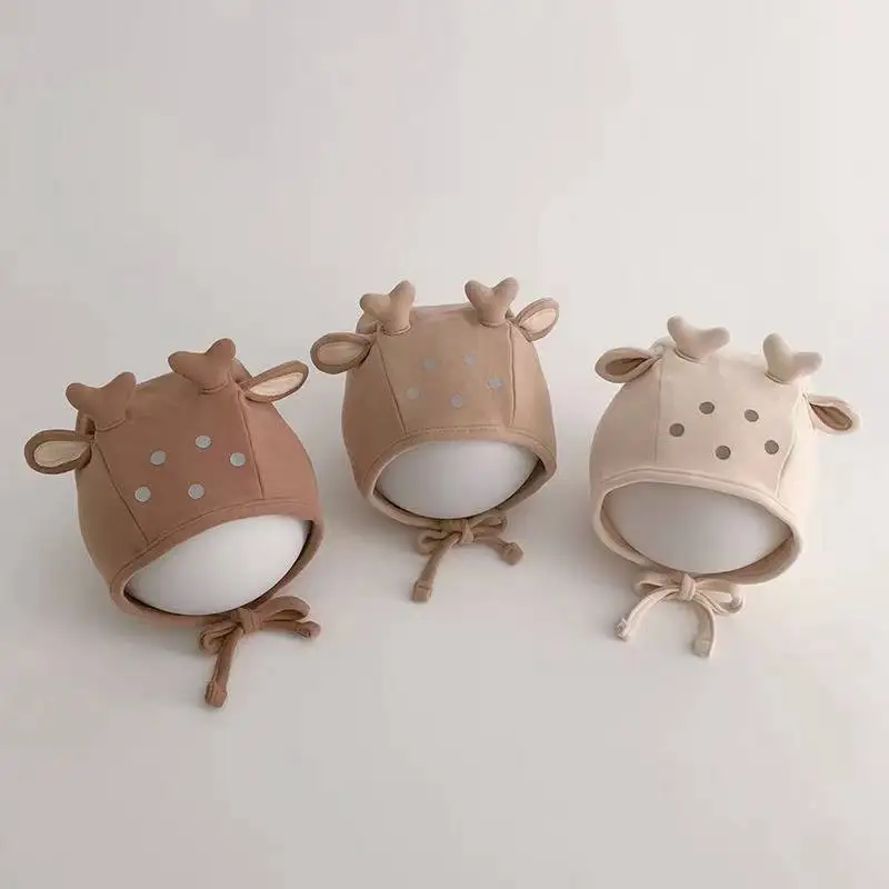 

Милая детская шапка с защитой для ушей в виде оленёнка, чисто хлопковая шапочка для новорожденных, вязаная шапка для детей на весну и осень, 0-18 месяцев