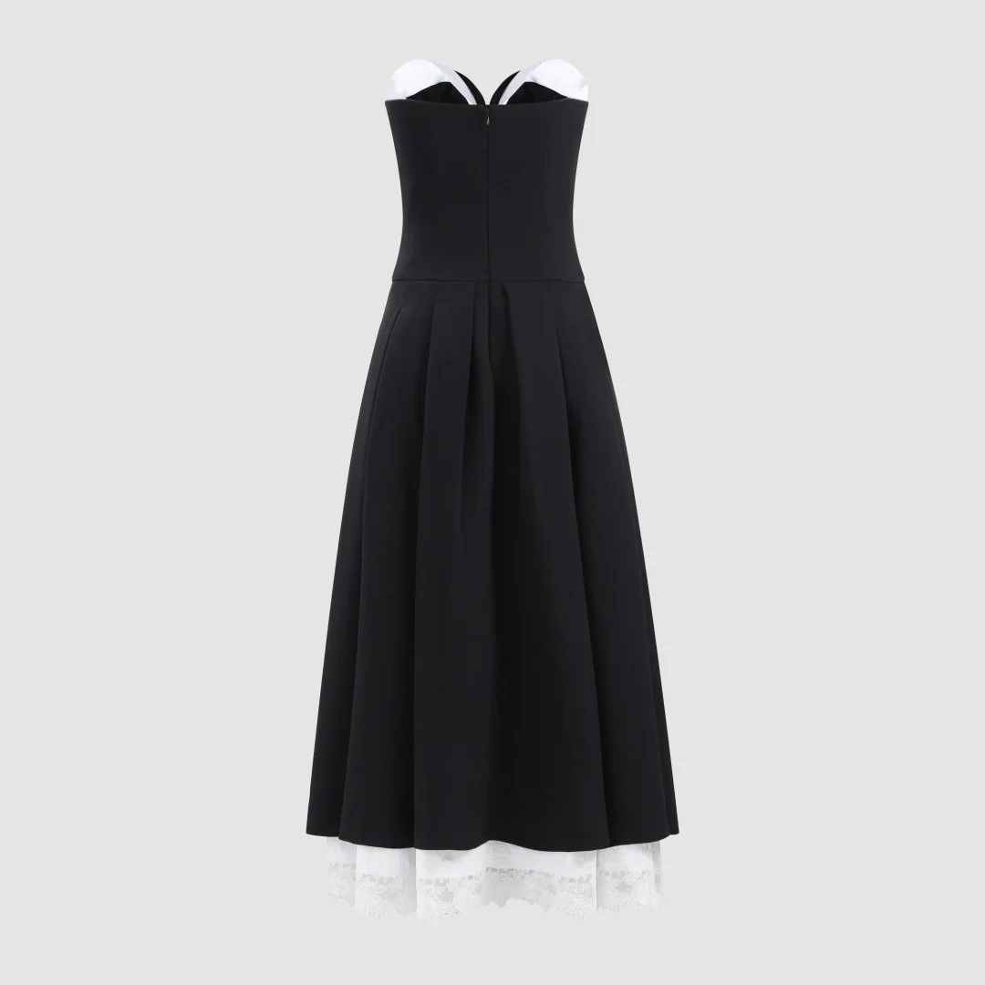 2026 Women's Black & White Strapless Midi Dress | Contrast Lace Hem Formal Cocktail Dress