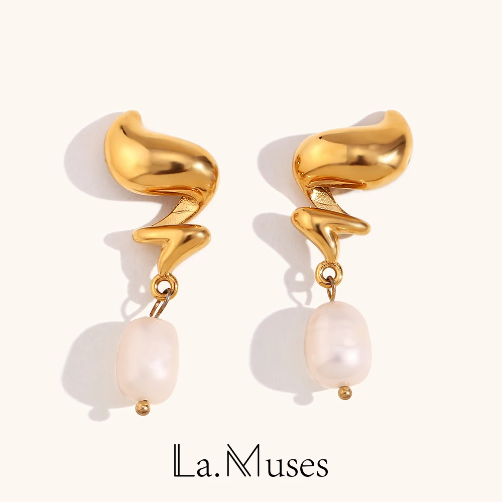 La.Muses Cute Spiral Flame Whirlwind Shape Freshwater Pearl Drop Stainless Steel Earrings For Women Luxury Quality Jewelry