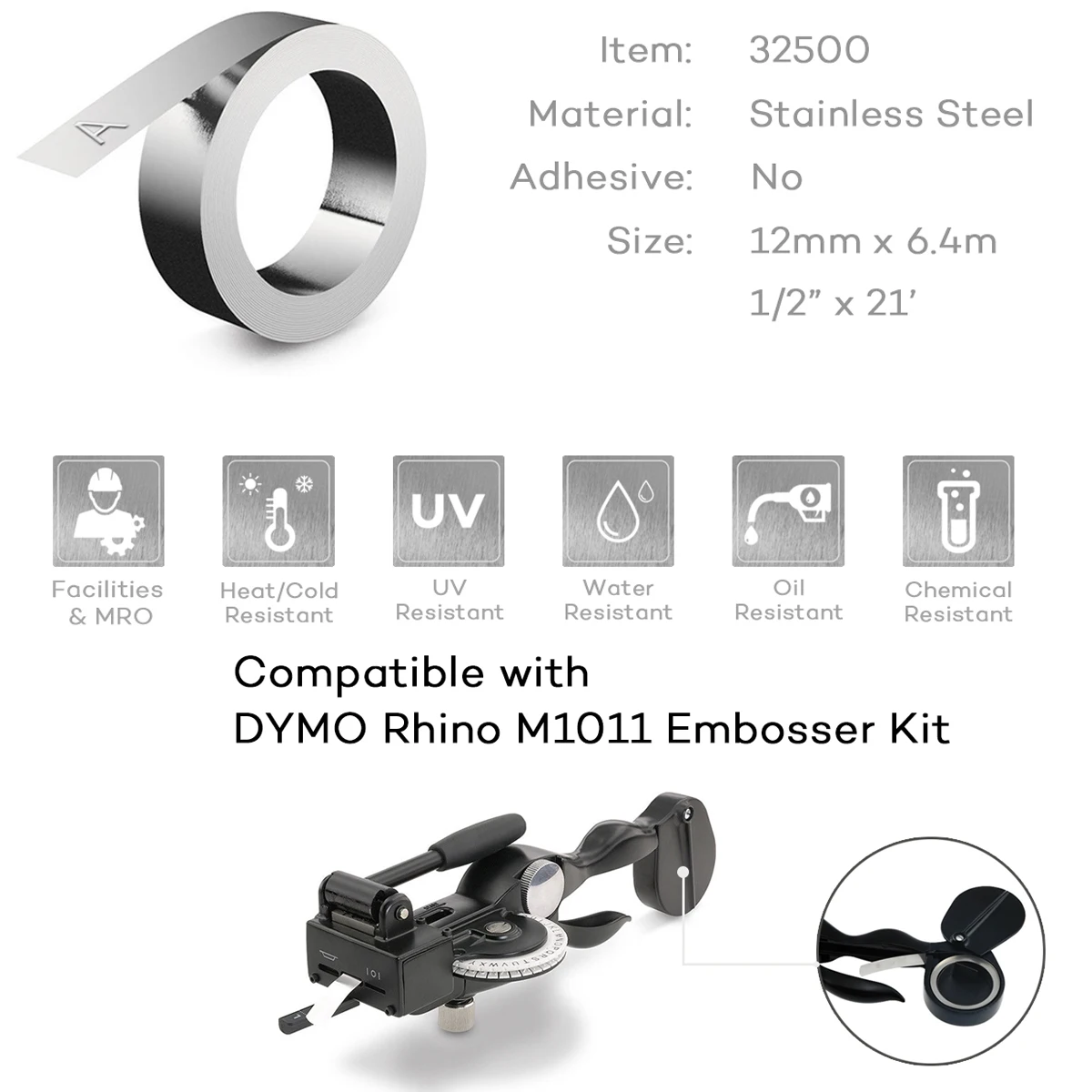 Imagem -03 - Rolos Compatíveis para Dymo 32500 Não-pegajoso Fita de Metal de Gravação de Aço Inoxidável para Dymo Rhino M1011 10 20 50