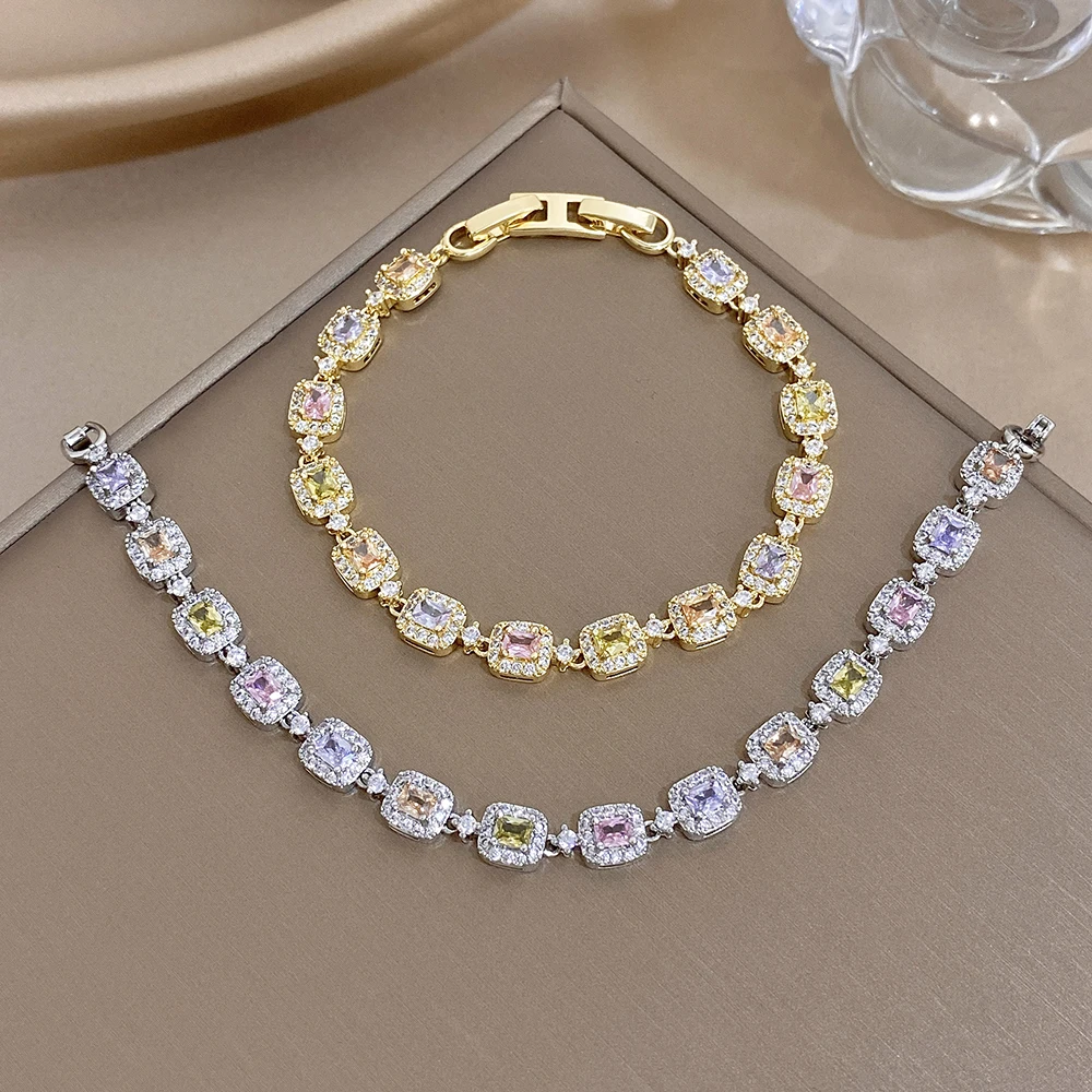 AENSOA Luxury Multicolor Zircon Tennis Chain Toggle Bracelet Set for Women Gold Plated Copper Stackable Jewelry Gift Daily Wear