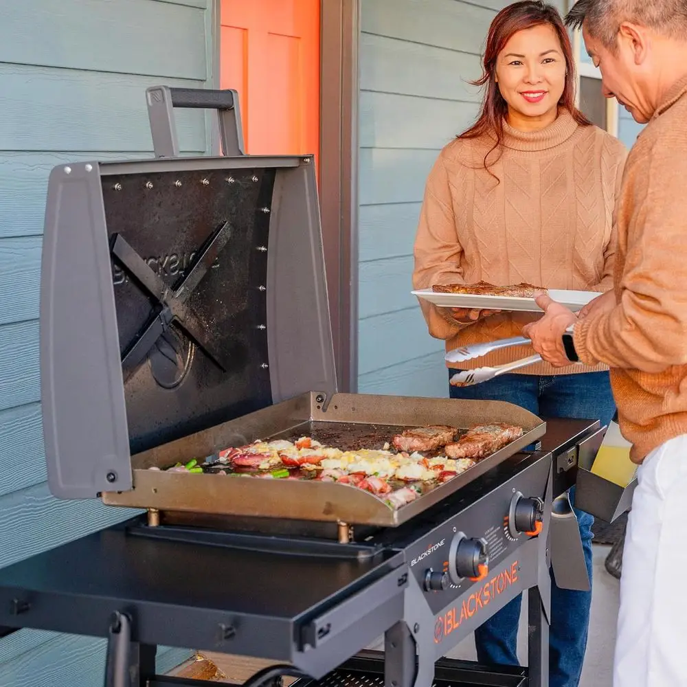 Iron Griddle with X-Braced Hood, Powder Coated Steel, Black