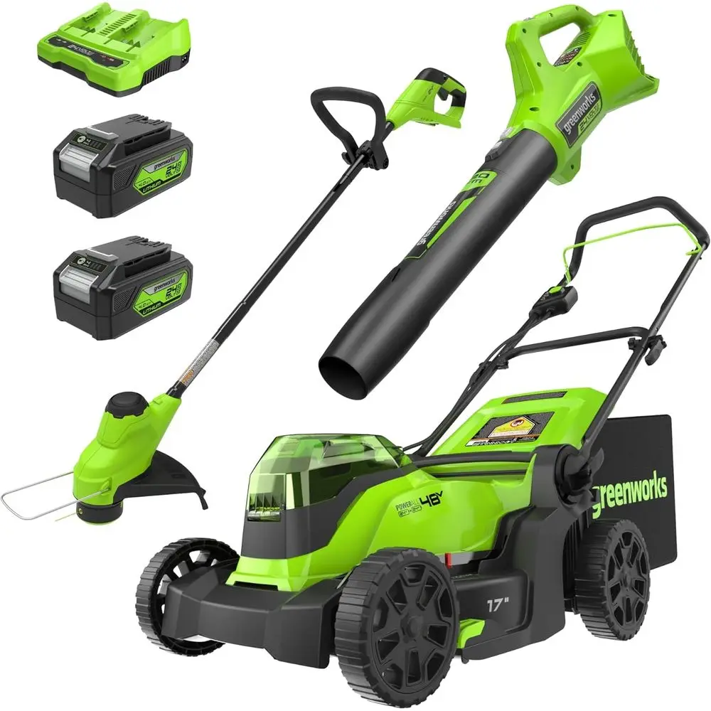 

48V (24V x 2) 17" BrushlMower+12" String Trimmer +320CM Blower,(2) 4.0Ah Batteries and 2A Dual Port