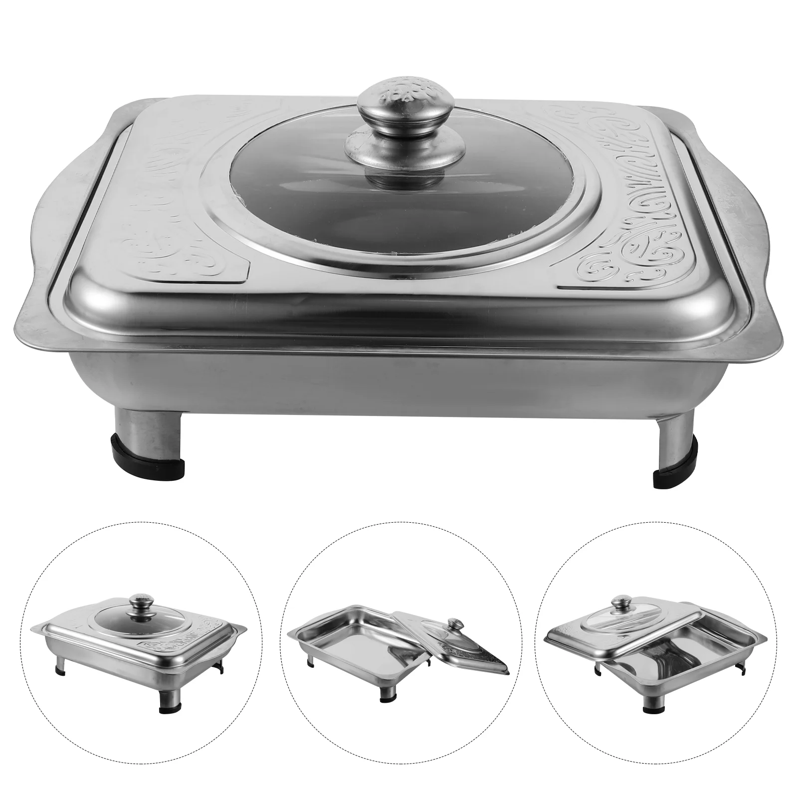 

Stainless Steel Buffet Serving Tray Rectangular Food Plate With Transparent Lid Anti Skid Canteen Dinnerware Set