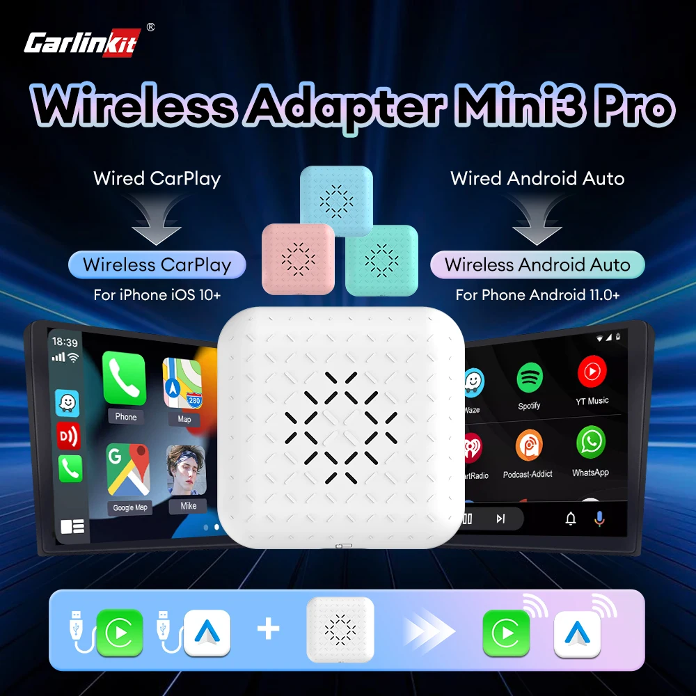 Mini3/5 Pro CarlinKit 5.0 Wireless CarPlay/Android Auto Adapter Plug and Play 2.4Ghz&5.8Ghz WiFi BT Fast Connect Wireless Dongle