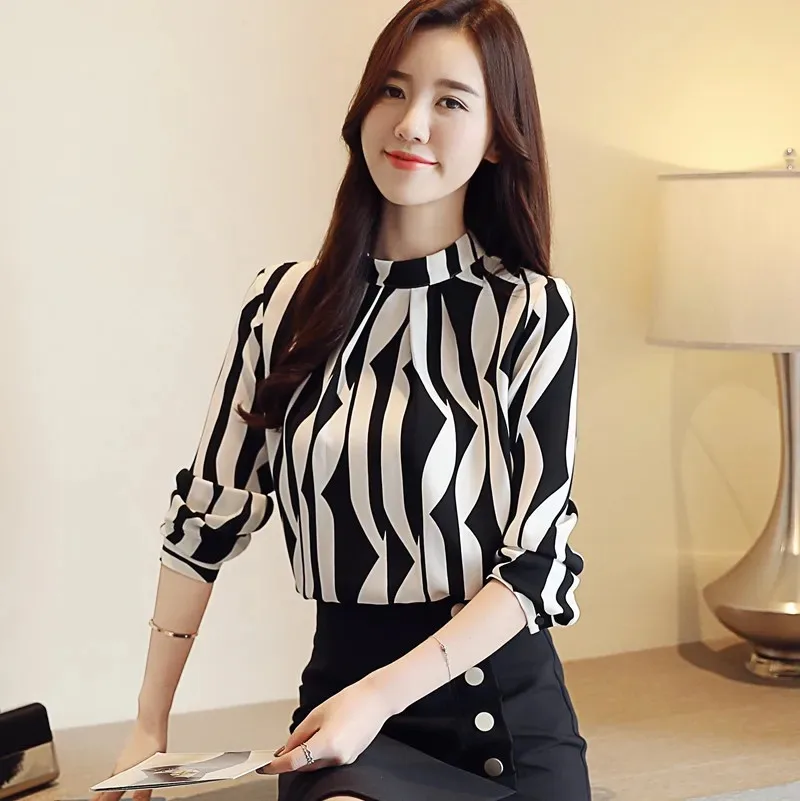 Fashion Stand Collar Blouse Women Long Sleeve Striped Chiffon Shirt Woman Elegant Office Lady Tops Casual Blouses Blusas 0941