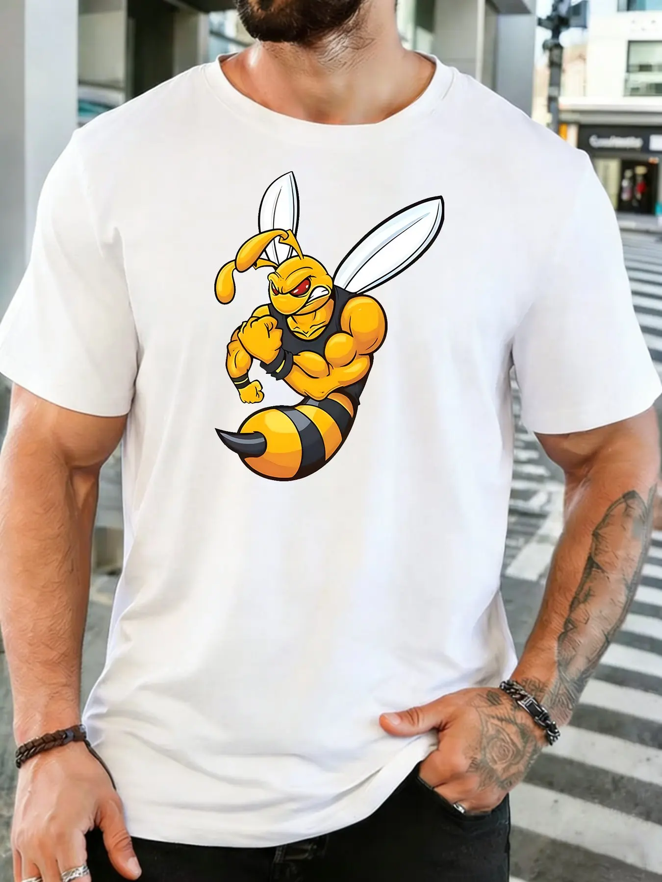 Men Cotton Tee Muscular Hornet Mascot Cartoon Graphic Short Sleeve Tshirt For Sports Insect Fans Daily Casual Street Top
