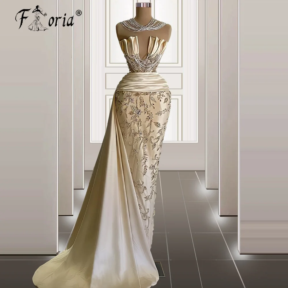 Robe de Soirée de Forme Sirène pour Femme, Tenue de Soirée Formelle, Perles et Cristaux, Style Dubaï, Champagne, Collier avec Traîne Latérale