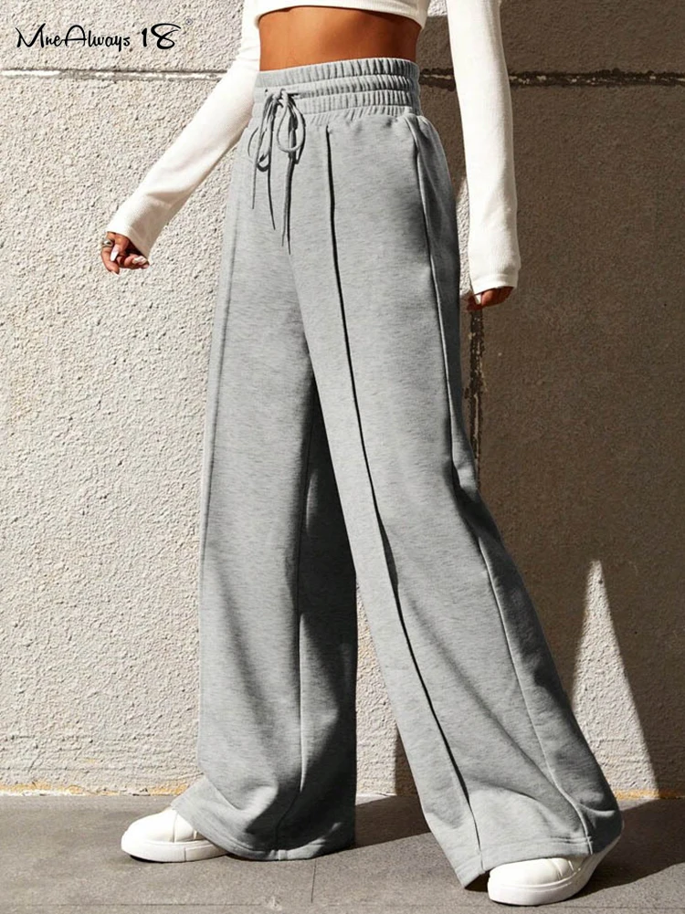 Mnealways18 New Straight Casual Street Baggy Pants Women Pleated Drawstring Wide Leg Pants Outdoor Solid Sporty Pant Trendy 2024