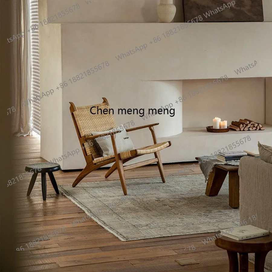 

Vintage Solid Wood Horn Chair for Home Living Room Wabi-Sabi Style Armrest Backrest Rattan Sofa Chair