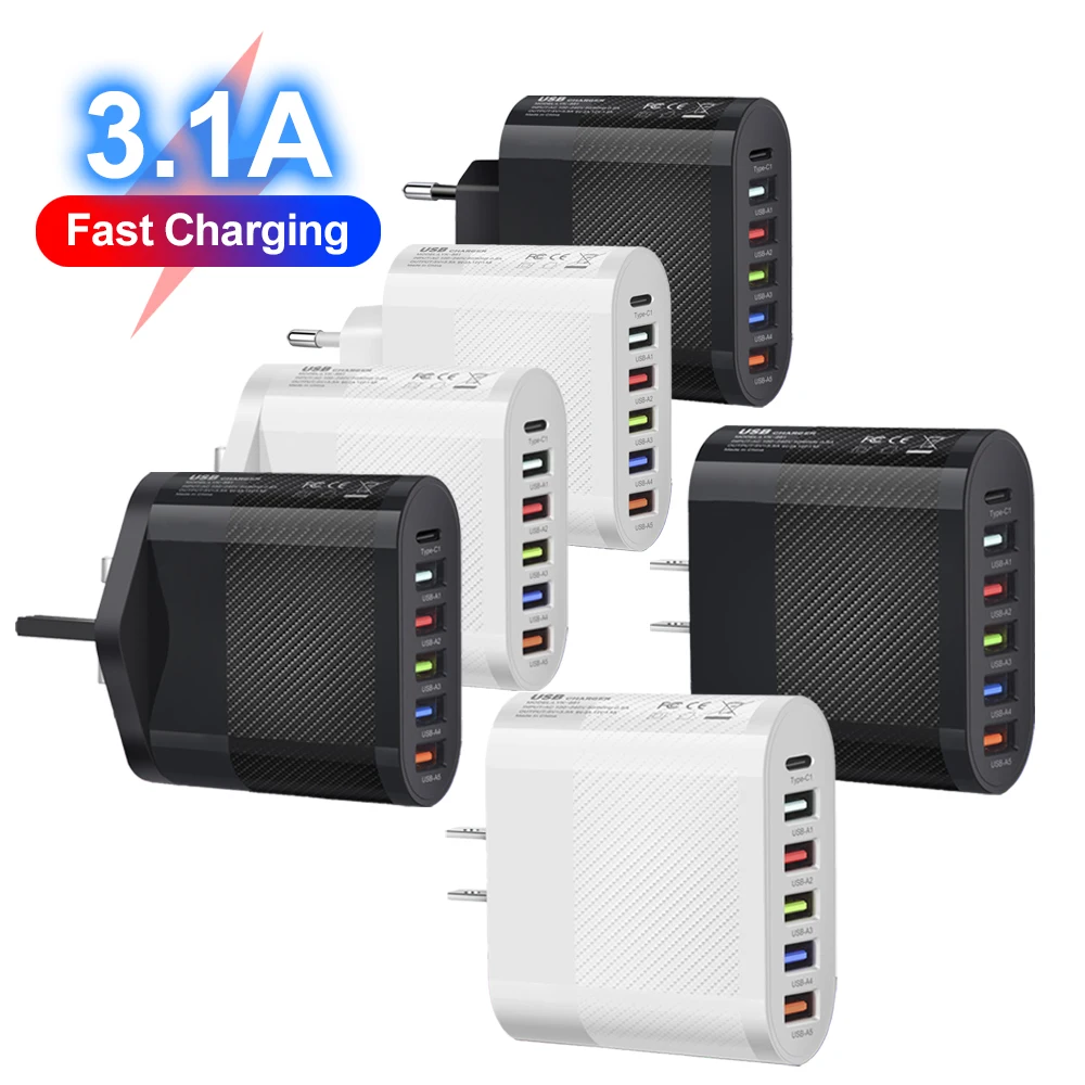 Total  65W 5Ports USB Charger PD Charging Adapter For Xiaomi iPhone 13 Samsung Mobile Phone Plug Charging QC 3.0 Wall Charger