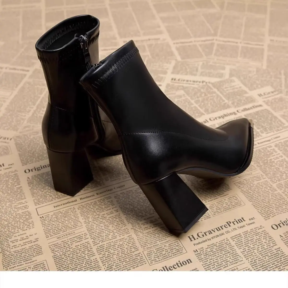 Damen Stiefeletten Blockabsatz High Heel Metallspitze Spitzer Zehenbereich Kurze Stiefel Reißverschluss PU Leder Herbst Winter Elegante Abendschuhe Büro Halbstiefel Bequem – Detail 5