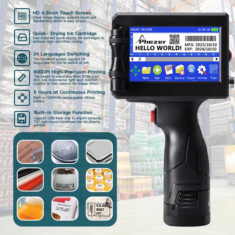 Phezer 12.7mm Handheld Inkjet Printer Black/White/Yellow/Blue/Red/Green Ink Portable Label Batch Date Expiry Logo QR Barcode