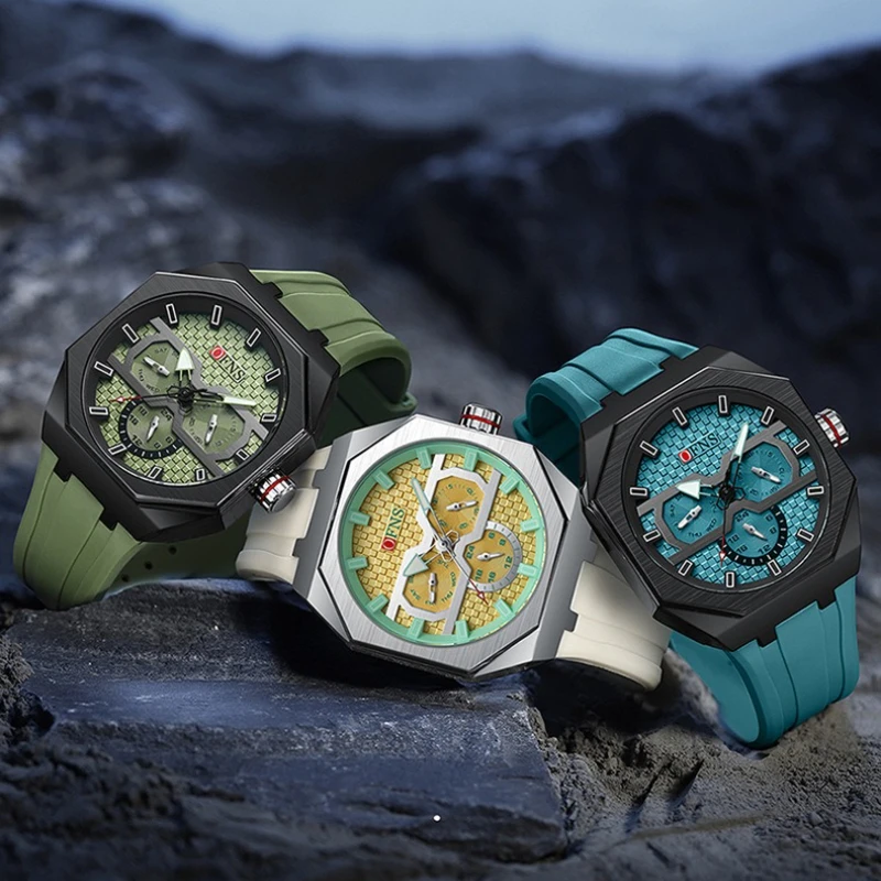 OFNS 8023 Fashion Quartz Men's Watch with Armor Scales Three Eyes Six Needles Waterproof Luminous Quartz Watches for Men Relojes