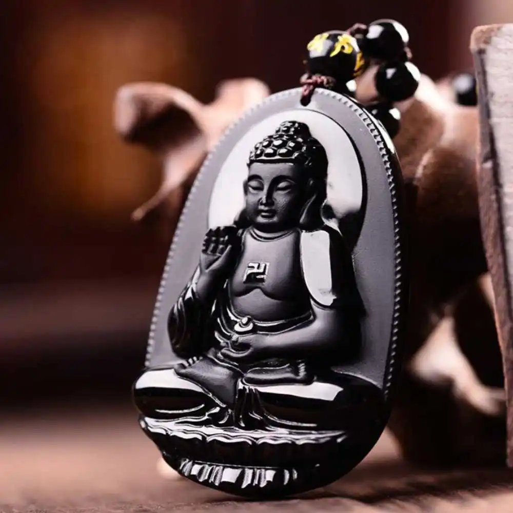 

100% Obsidian Carved Buddha Lucky Amulet Pendant Dragon Silver Gold Clavicle