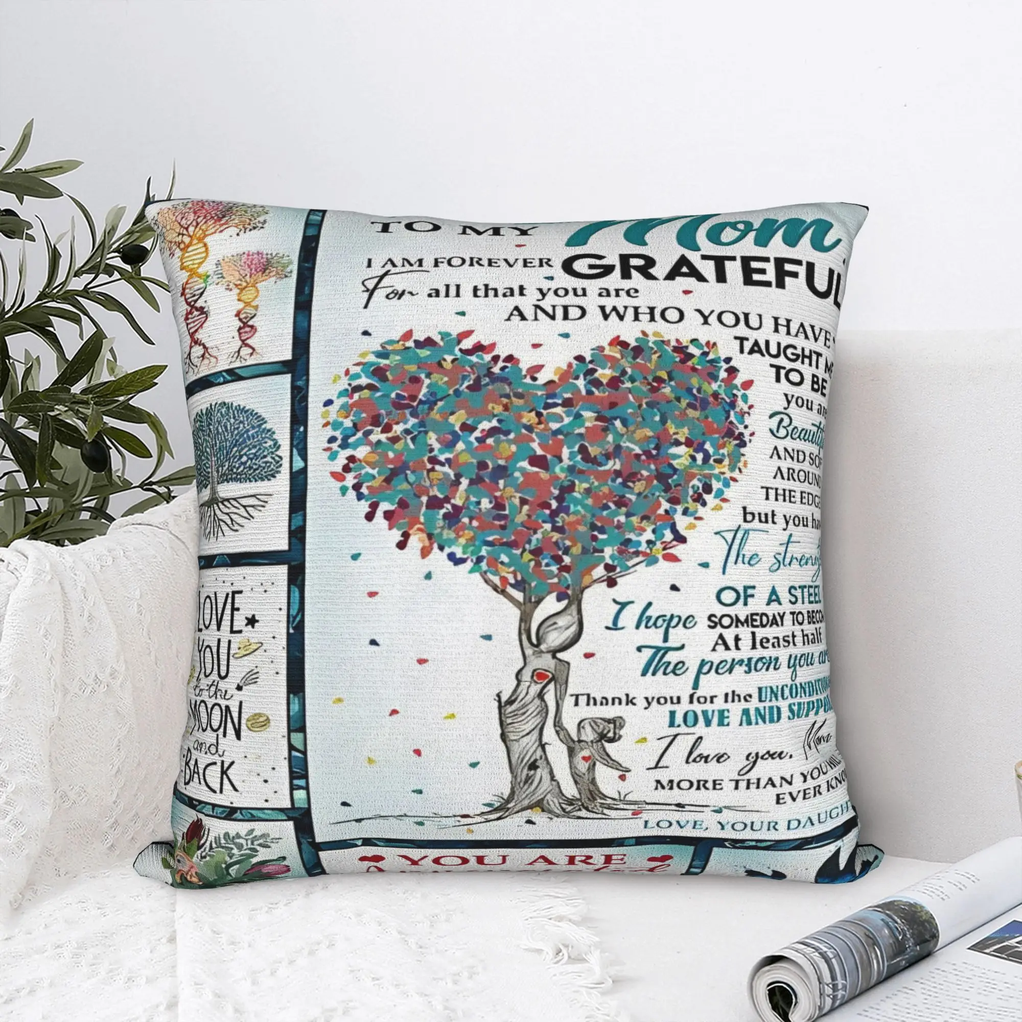 Mother's Day Heart Tree Square Pillow Cases Letter From Daughter Cushion Covers Zippered Decorative Pillowcover for Car 45*45cm