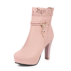 Winter Fashion High Heels Woman Booties Lace Design Princess Platform Party Wedding Women Shoes White Black Pink Ankle Boots