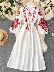 Spring Autumn Women Dresses Bohemian Embroidered Flower O-Neck Lantern Sleeve High Waist Dress All-match Female Vestidos PL393