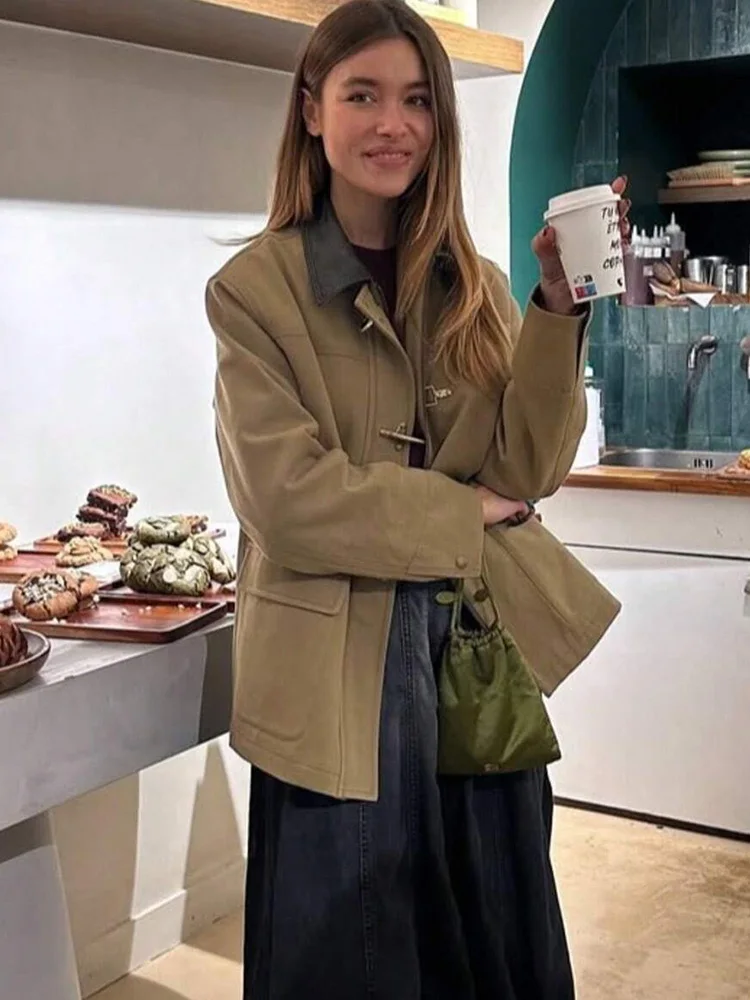 

HH Woman Fashion Street Style Pockets Zipper Solid Jacket Autumn Women Workwear Turn-down Collar Long Sleeves Button Coats