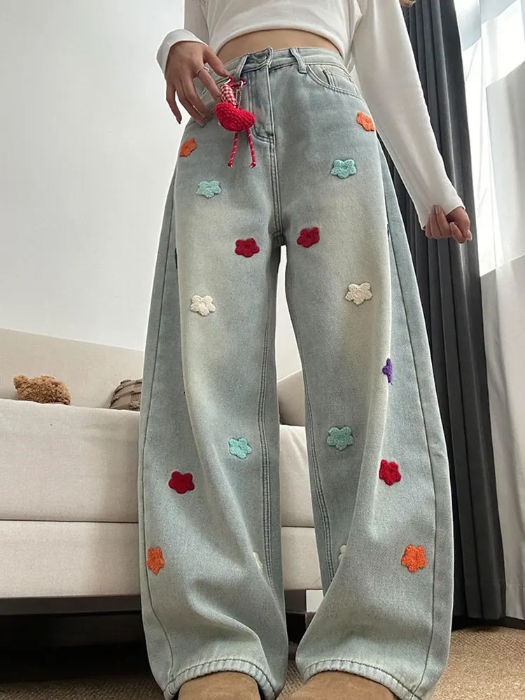 

Американские широкие джинсовые джинсы в стиле ретро, женские узкие прямые брюки с высокой талией, зимние теплые свободные женские брюки