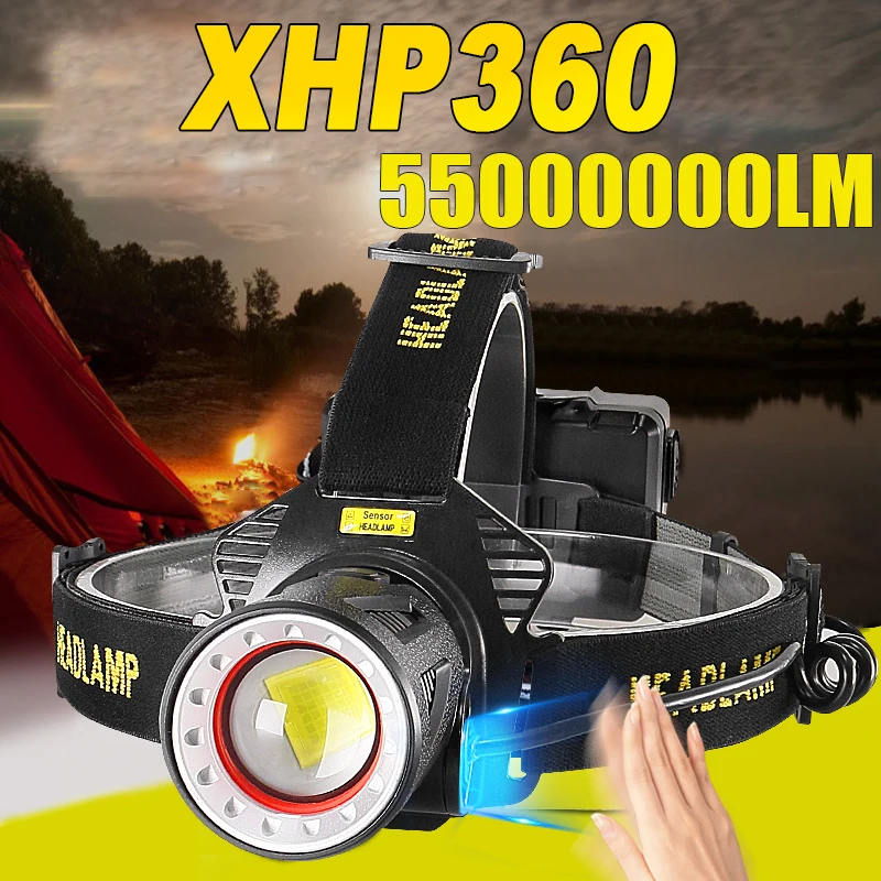

Налобный фонарь XHP360 с мощным светом, зумом и ИК-датчиком, светодиодный, перезаряжаемый через USB, на аккумуляторе 18650, для кемпинга и рыбалки