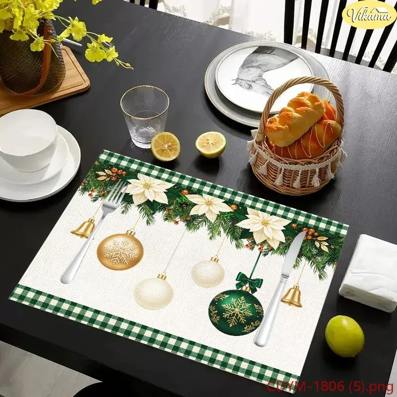 VIKAMA Christmas Placemats Green White Gingham White Poinsettia Gold Ornament Bell Washable Dining Mat Winter Holiday Decor