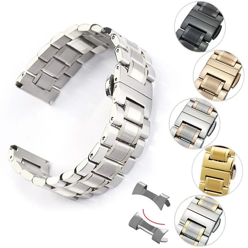 Big Size Stainless Steel Strap Folding Buckle Metal Watch Band 12/13/14/15/16/17/18/19/20/21/22/23/24mm Curved End Bracelet Belt