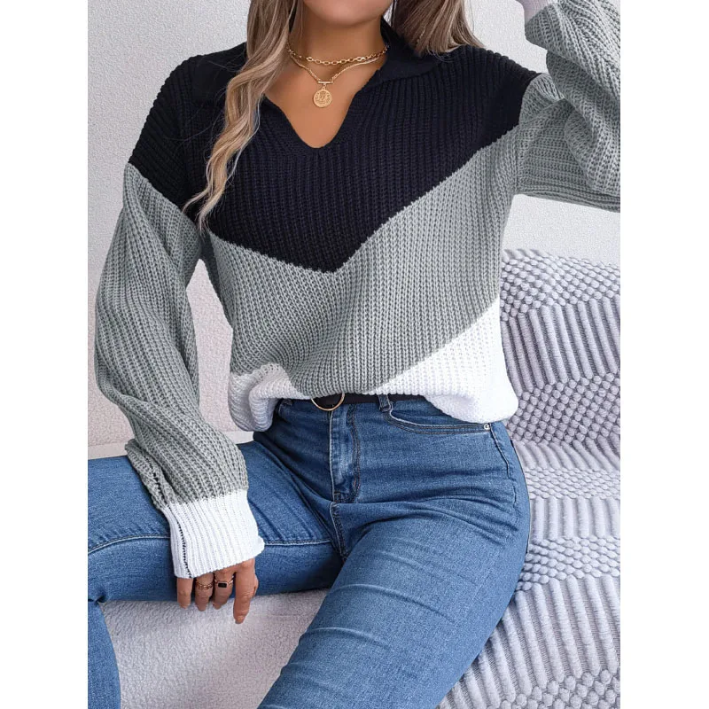 2023 New Autumn and Winter Fashion Casual Polo Collar Contrast Knitted Long Sleeve Temperament Commuter Women's Loose Sweater