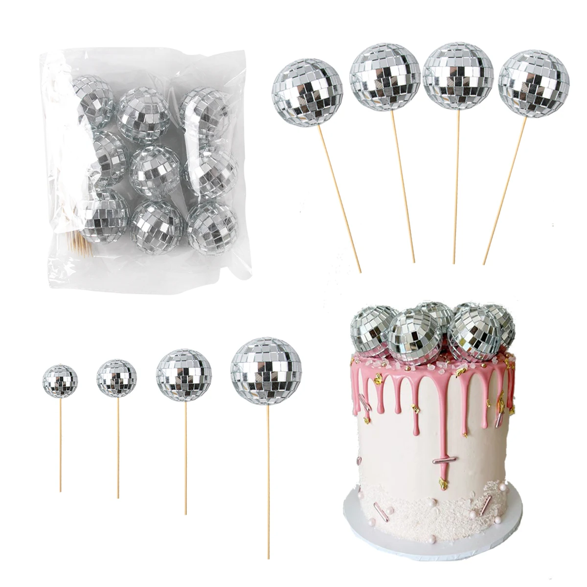 

Disco Ball Cake Topper 4Sizes Silver Disco Ball Cake Picks 1970s Disco Theme Cake Decorations Accessories Dance Party supplies