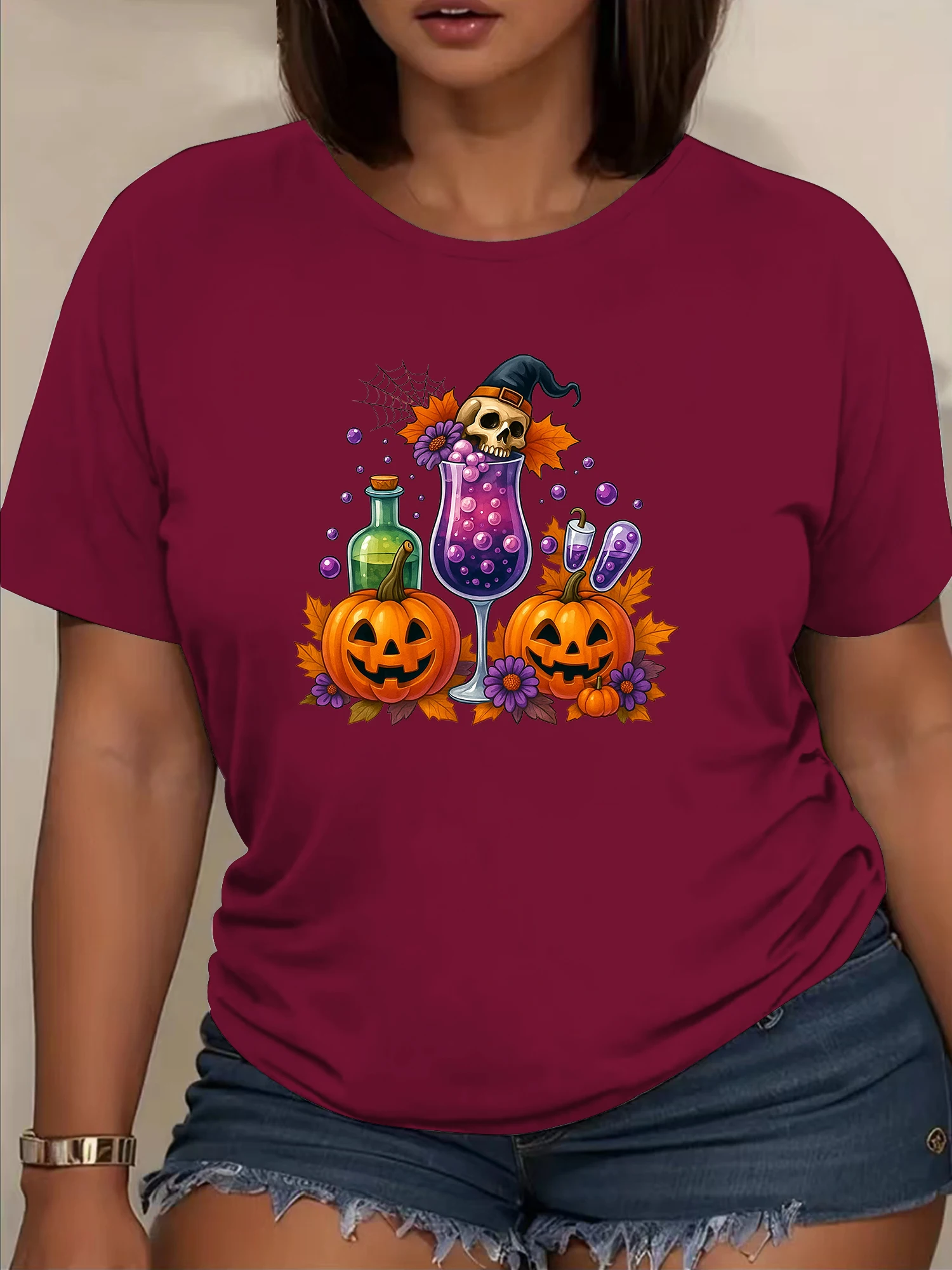 تي شيرت نسائي للهالوين - تي شيرت برسومات على شكل يقطين أزرق ملكي لفصلي الخريف وحفلات الهالوين وملابس كاجوال - قابل للغسل في الغسالة