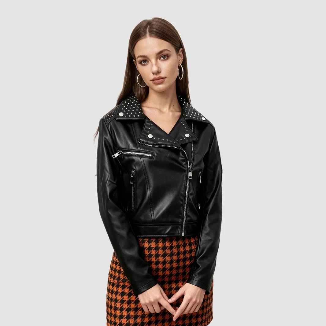 Women's Leather Jacket Women's Jacket Short Female Nails PU Slash Slim Leather Jacket