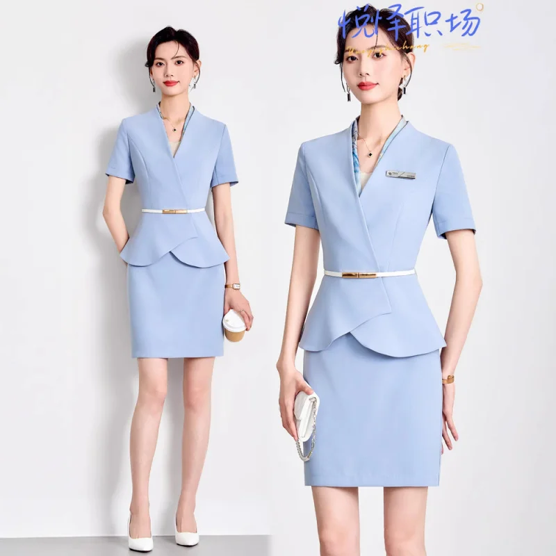 

Sky Blue Short Sleeve Suit Set for Women, Summer Thin Hotel Front Desk Service Staff Uniform, Manager Formal Workwear