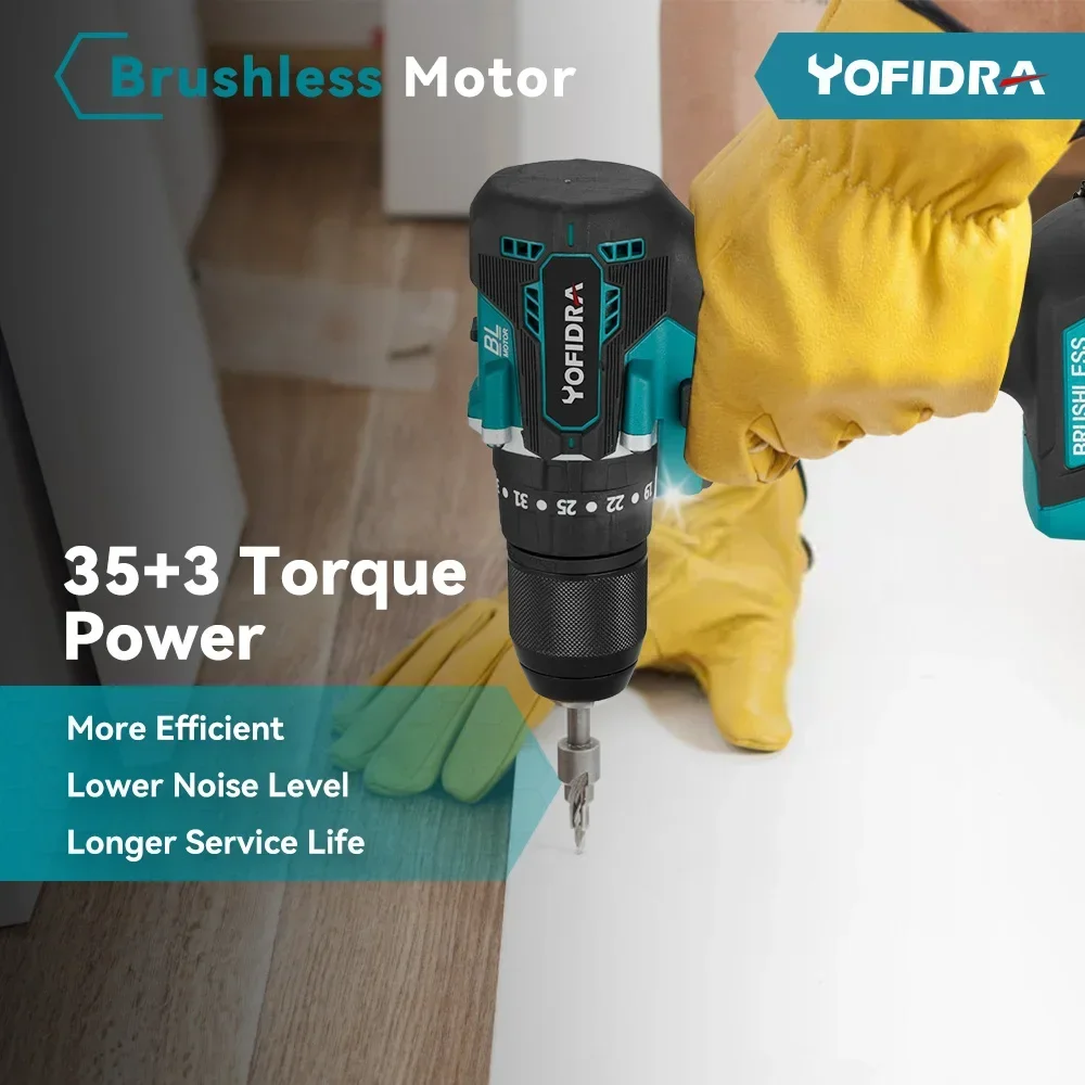 Yofidra 13mm 35+3 Torque Brushless Electric Impact Drill Cordless Efficient Electric Screwdriver Tool For Makita 18V Battery