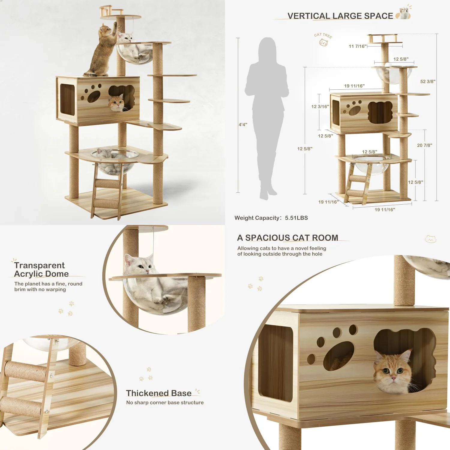 

Cat Tree Large 52 Inch, Wooden Cat Tower Multi-Level Cat Tree Tower for Indoor Cats Large Adult with Scratching, Customized