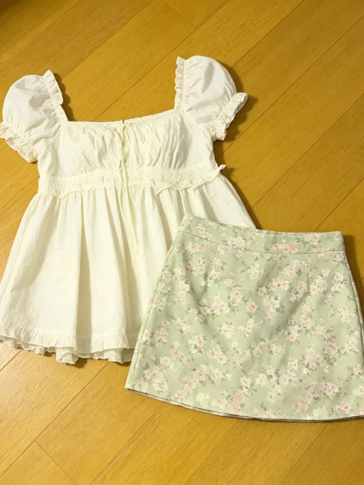 

Summer Casual Sweet 2 Piece Set for Women Lace Floral Slash Neck High Waist Mini Skirt Suit Chic Holiday Travel Female Outfits
