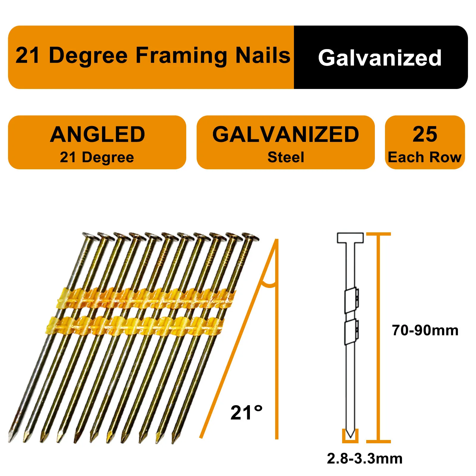 400PCS 21 Degree Plastic Collated Framing Nails Galvanized Full Round Head Smooth Shank for Wood Framing and Decking