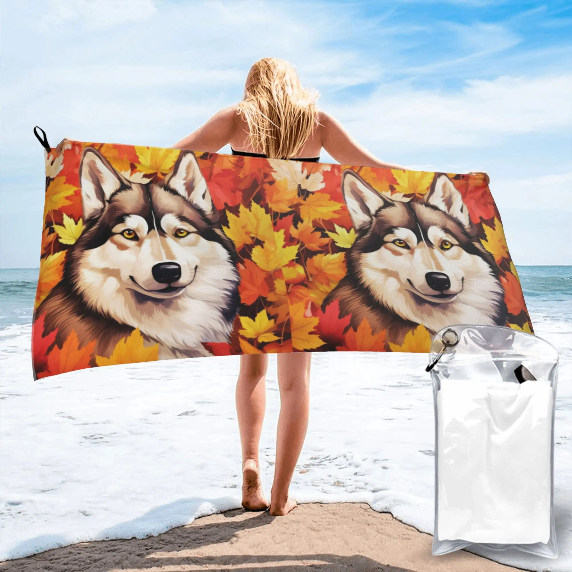 Autumn Fall Siberian Husky Dog Beach Towel Soft Microfiber Quick Dry Absorbent Quick Towels For Mountain Climbing