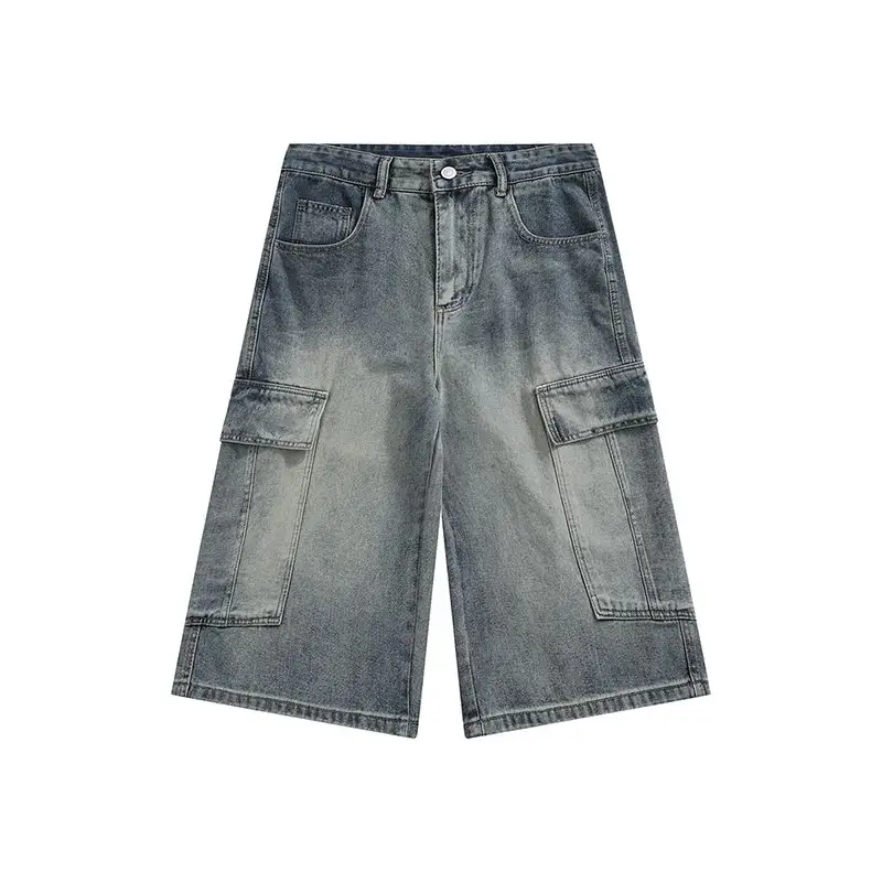 2026 Summer Tooling Seven-point Denim Shorts Men's Loose Straight Multi-pocket Trend Versatile