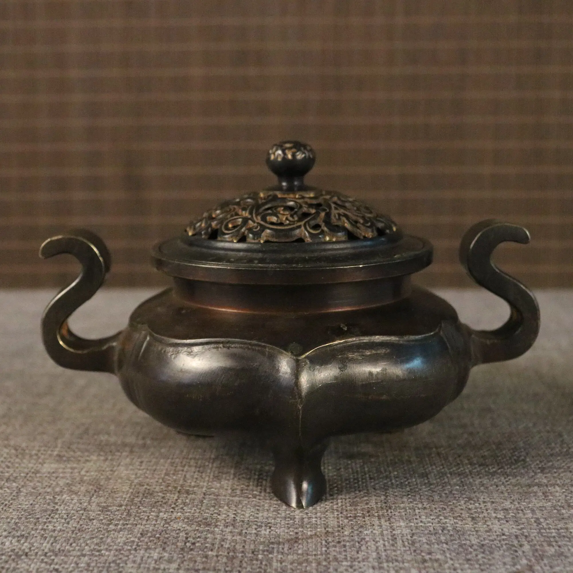 Antique Pure Copper Double Ear Three Leg Incense Burner Home Living Room Study Tea Table Decor Incense Holder