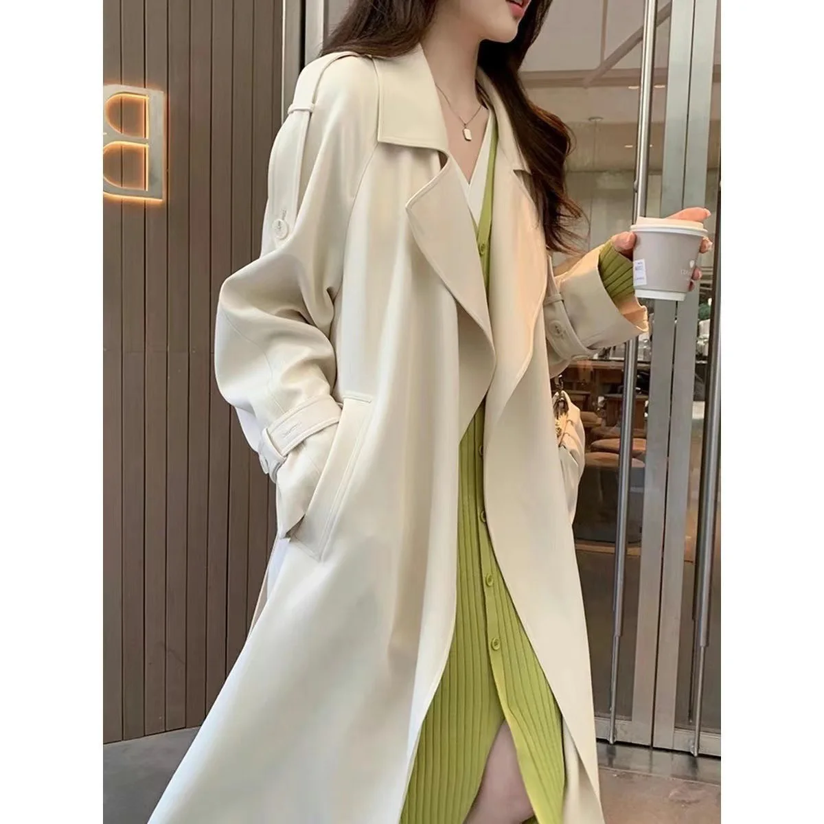 

Long Coat Woman Trench Beige Double-Breasted Spring Summer Hi-Fashion Layer Piece Dark Academia Aesthetic Longline Light V-Neck