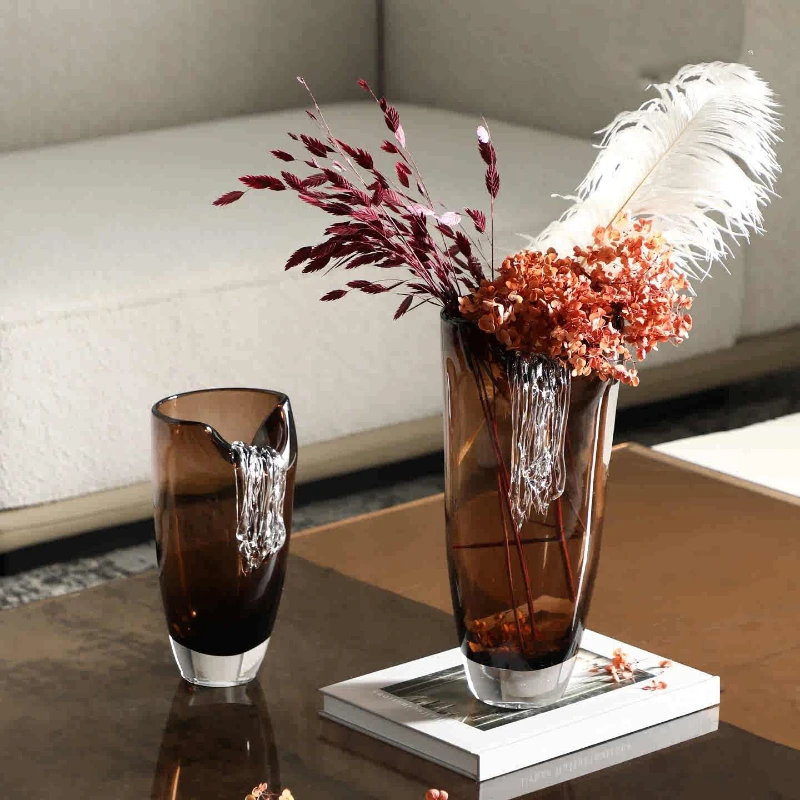 Brown Striped Glass Vase Creative Hydroponic Flower Pots Table Decoration Flowers Arrangement Floral Vases Room Aesthetic Decor