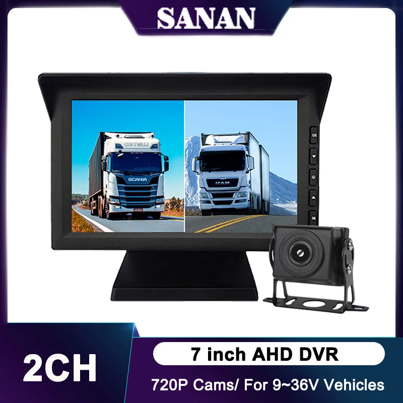 7 inch 2 Channel Truck AHD Camera Monitor DVR System IPS Screen HD Night Vision for Large Vans/ Bus Driving Parking Recorder