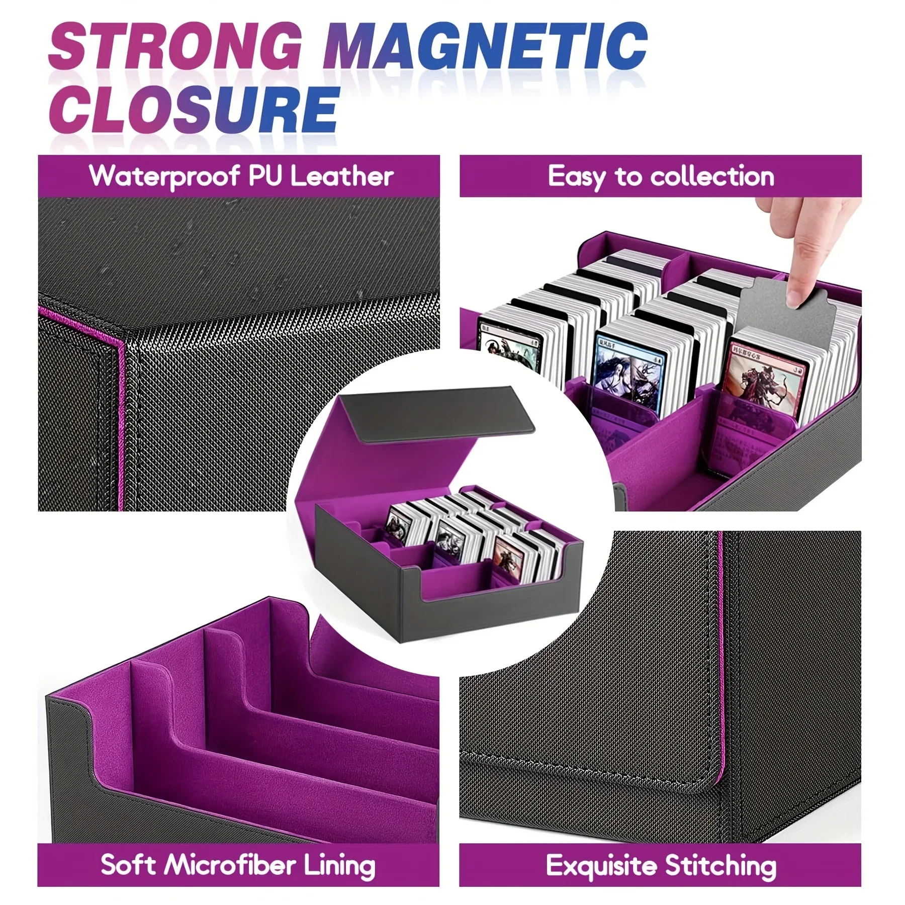 กล่องใส่การ์ดสะสม 1800+ ใบ สำหรับการ์ดเทรดดิ้ง ทำจากหนัง PU ปิดด้วยแม่เหล็ก พร้อมตัวแบ่งการ์ด 10 ชิ้น