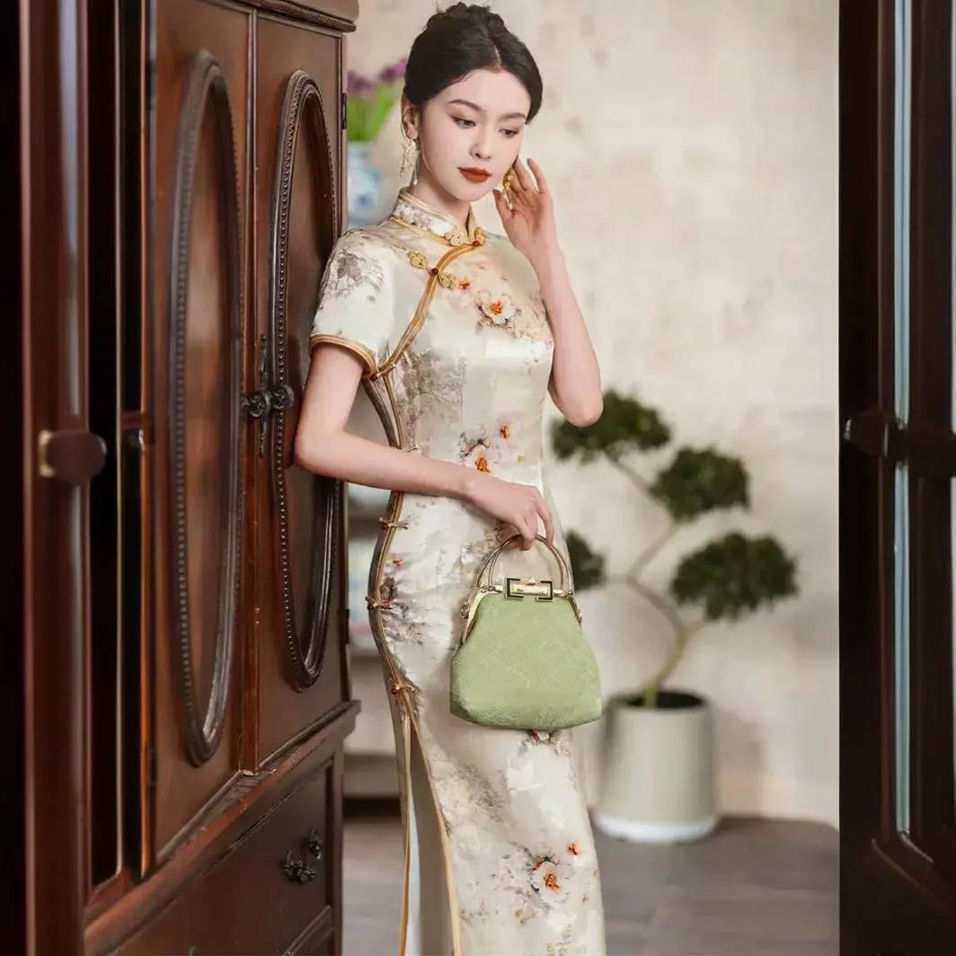 High-End Woven Cheongsam Qipao 2024 New Summer Women's Retro Chinese Style High Quality Real Silk Dress Long