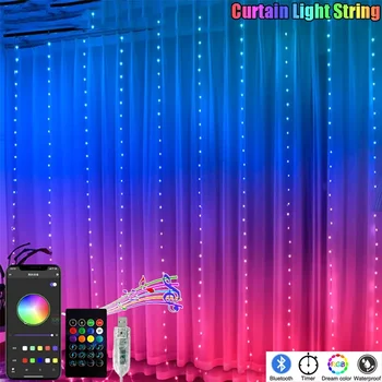 RGBIC 커튼 라이트 스트링 앱 블루투스 리모컨 스트링 조명, USB 플러그 LED 커튼 라이트, 크리스마스 방 장식 