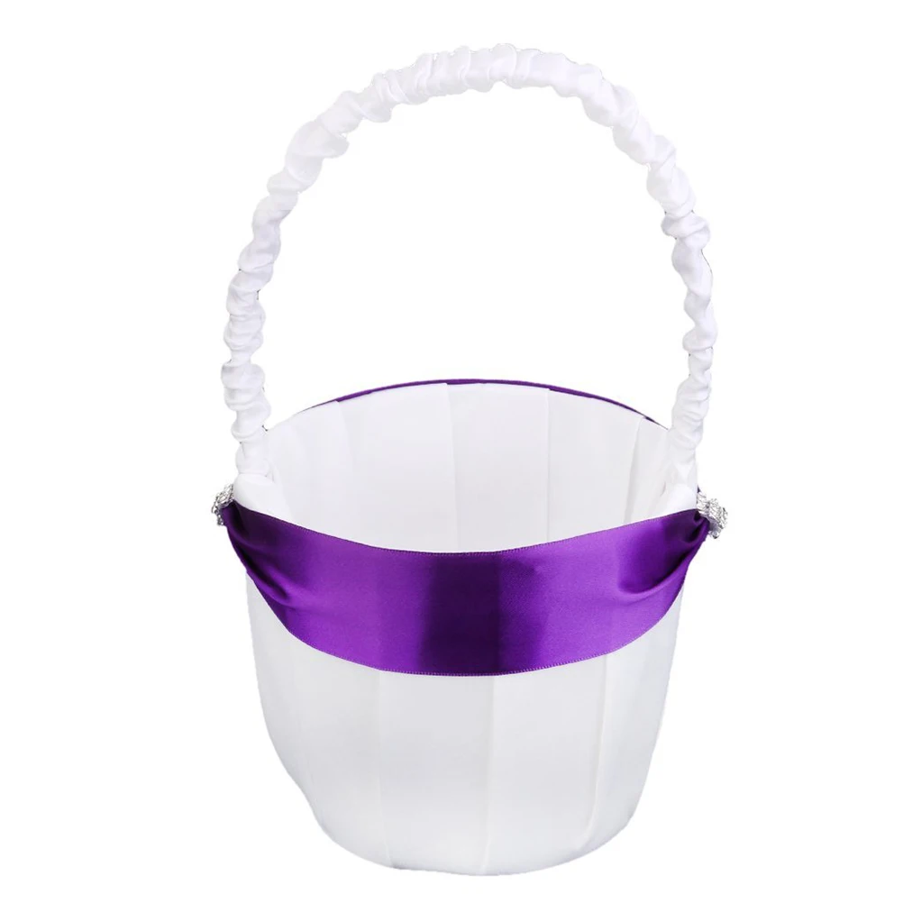 

Wedding Flower Girl Basket 13cm Diameter 24cm Height White Purple Satin PVC Rhinestone Embellishment Handheld Storage Decor